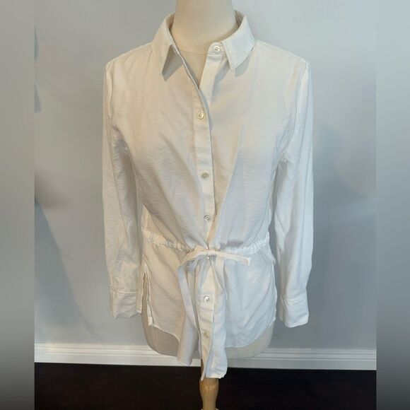 Theory Women's Long Sleeve Drawstring Waist Button Down Shirt Top White Size L - Picture 1 of 8